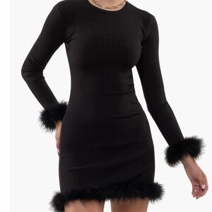 Feather Hem Long Sleeve Minidress in black